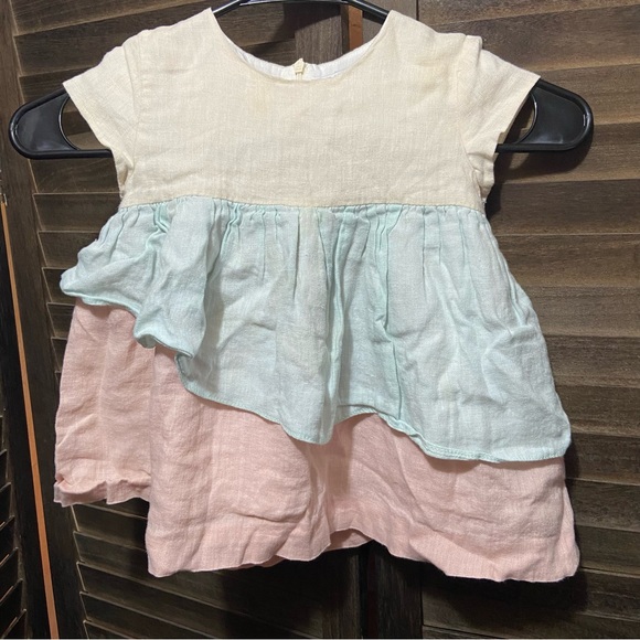 Pilar Batanero Linen Baby Girl Dress Tiered Color Block Pastels Boho Coastal - Picture 1 of 7